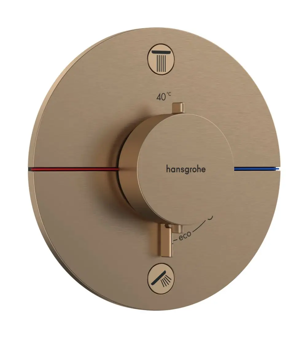 Thermostat von Hansgrohe mit zentralem Drehknopf zur Temperaturregelung, Anzeige für 40 °C sowie Symbole für verschiedene Funktionen und zwei Verbraucheranschlüsse.